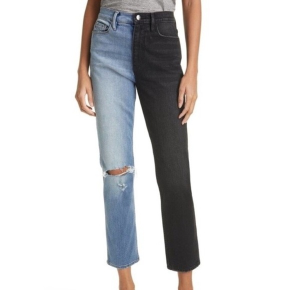 Frame Le Sylvie Slender Straight Jeans Black Indigo Mix Playtha Two Tone Size 24 - Picture 1 of 12